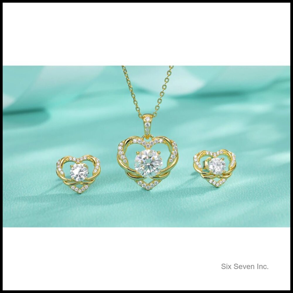 Moissanite Heart Stud Earrings 925 Sterling Silver Gold Plated Fine Jewelry - Picture 7 of 7